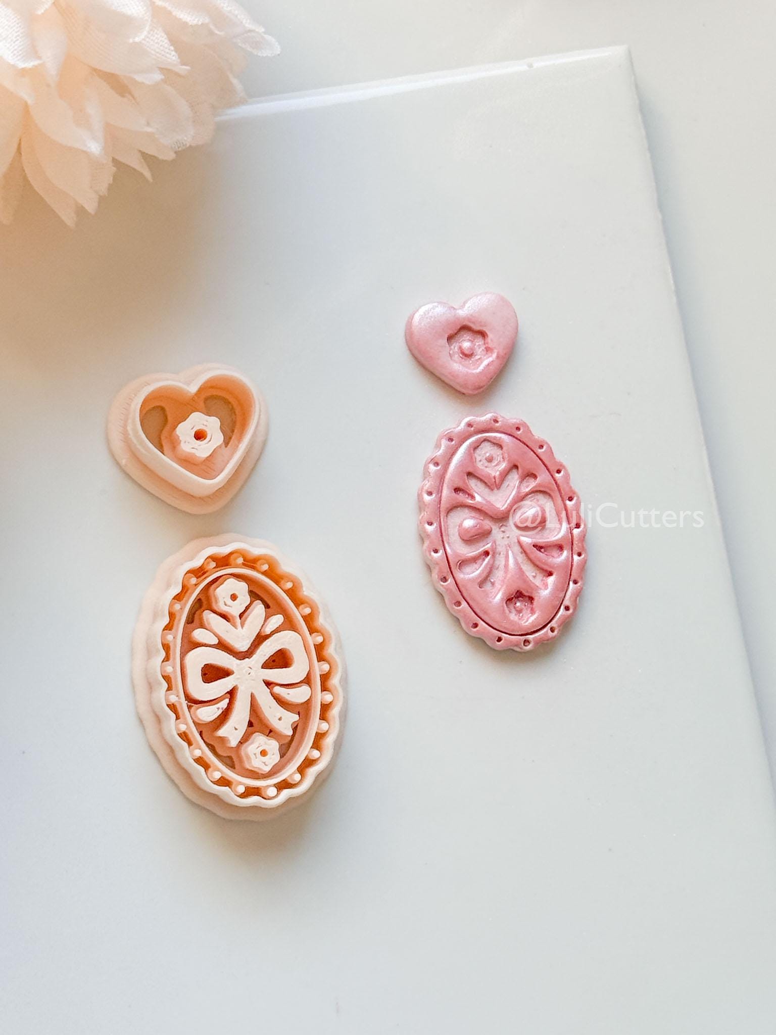Amelia Bow & Floral Clay Cutter: Oval Pendant and Heart Topper Set