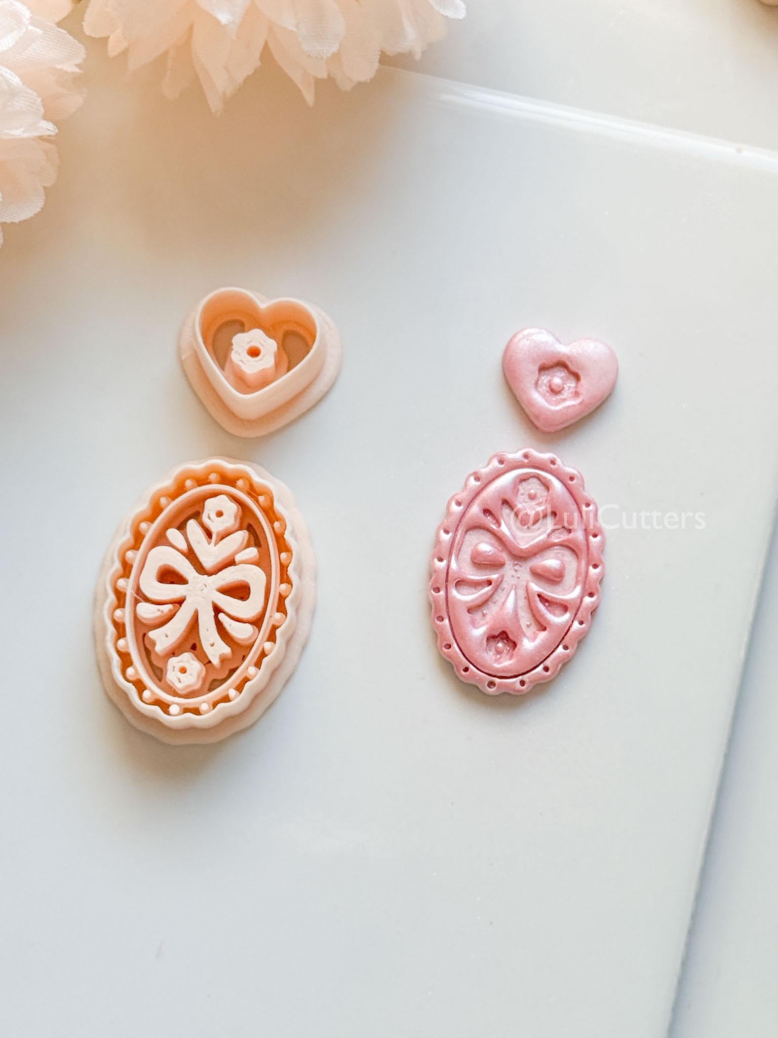 Amelia Bow & Floral Clay Cutter: Oval Pendant and Heart Topper Set