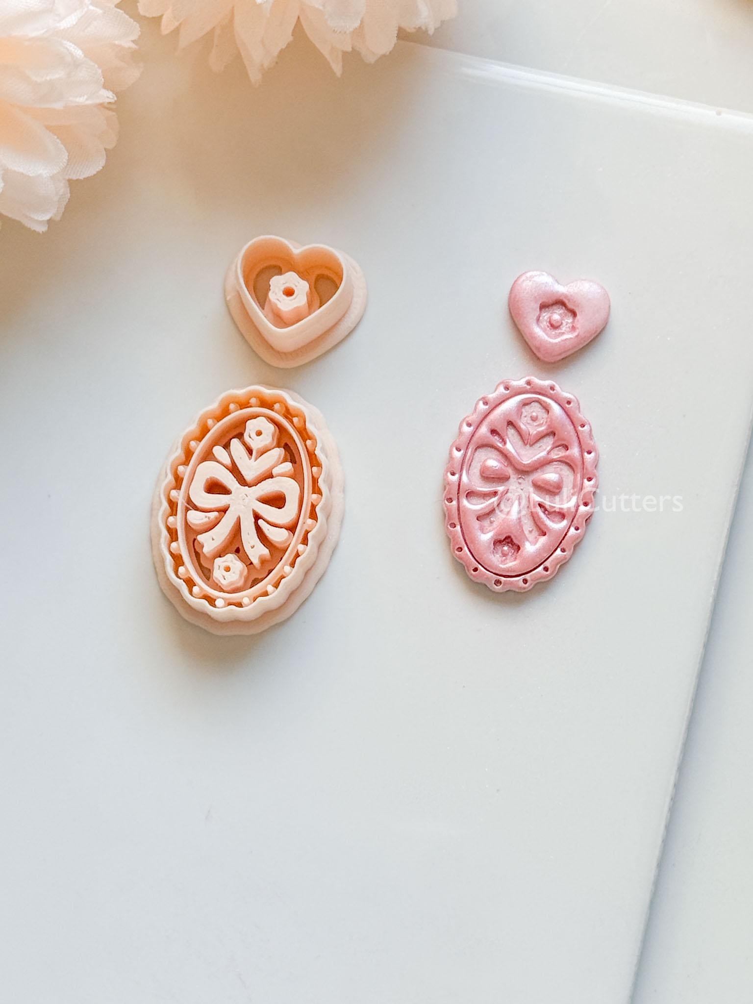 Amelia Bow & Floral Clay Cutter: Oval Pendant and Heart Topper Set