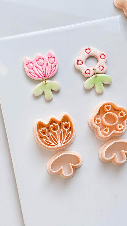 Tulip Patch Pair Clay Cutters: Floral Dangle Earring Design