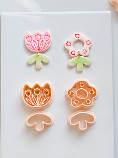 Tulip Patch Pair Clay Cutters: Floral Dangle Earring Design