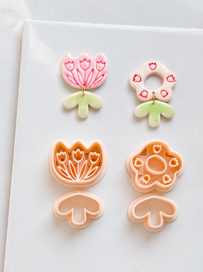 Tulip Patch Pair Clay Cutters: Floral Dangle Earring Design