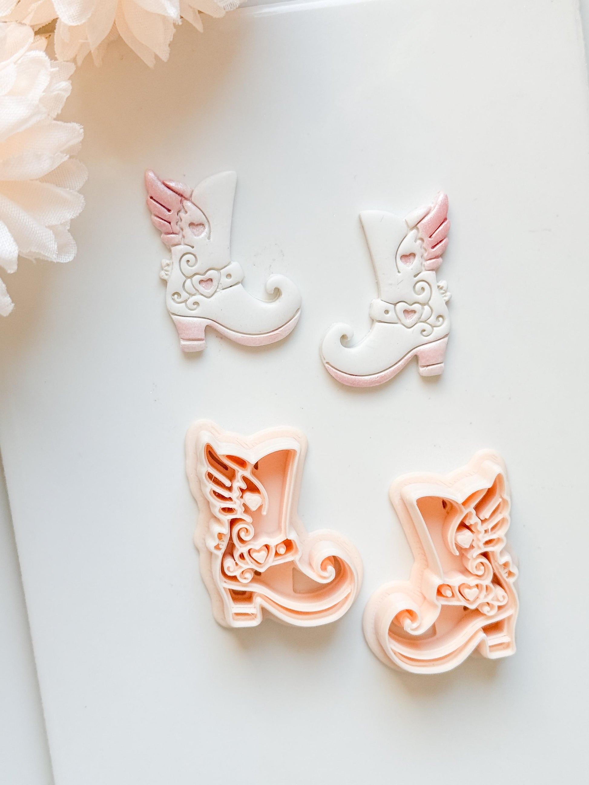 Sweetheart Boots Clay Cutter Set: Winged Boot Design with Heart Details