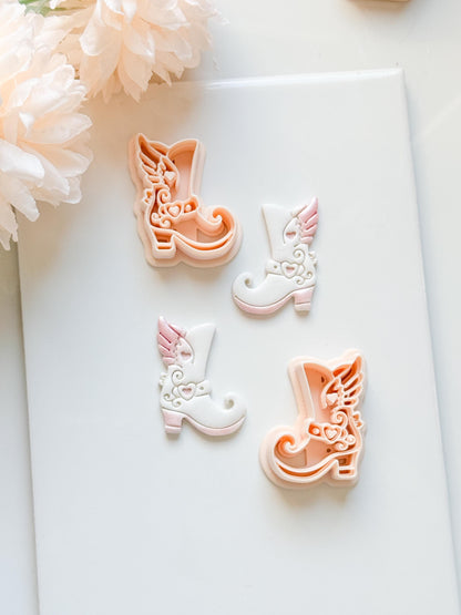 Sweetheart Boots Clay Cutter Set: Winged Boot Design with Heart Details