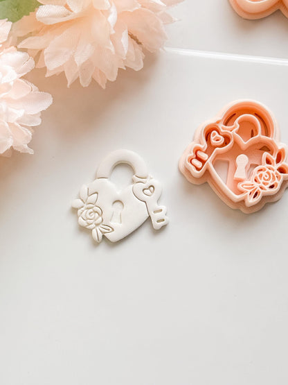 Locked in Bloom Clay Cutter: Heart Padlock with Key & Floral Detail