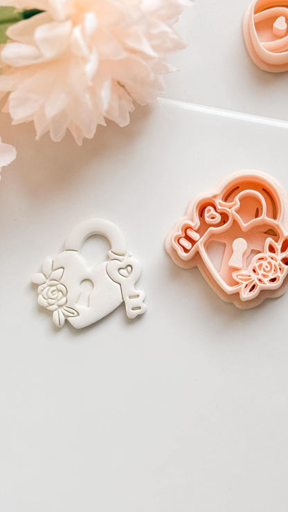 Locked in Bloom Clay Cutter: Heart Padlock with Key & Floral Detail