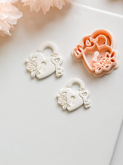 Locked in Bloom Clay Cutter: Heart Padlock with Key & Floral Detail