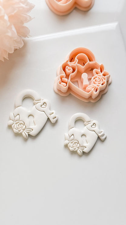 Locked in Bloom Clay Cutter: Heart Padlock with Key & Floral Detail