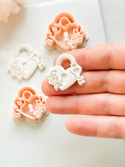 Locked in Bloom Clay Cutter: Heart Padlock with Key & Floral Detail