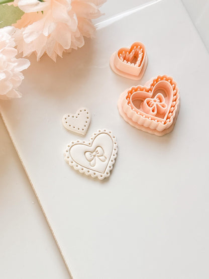 Pink Love Clay Cutter Set: Scalloped Heart with Bow & Dot Embossing