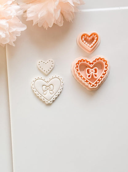 Pink Love Clay Cutter Set: Scalloped Heart with Bow & Dot Embossing