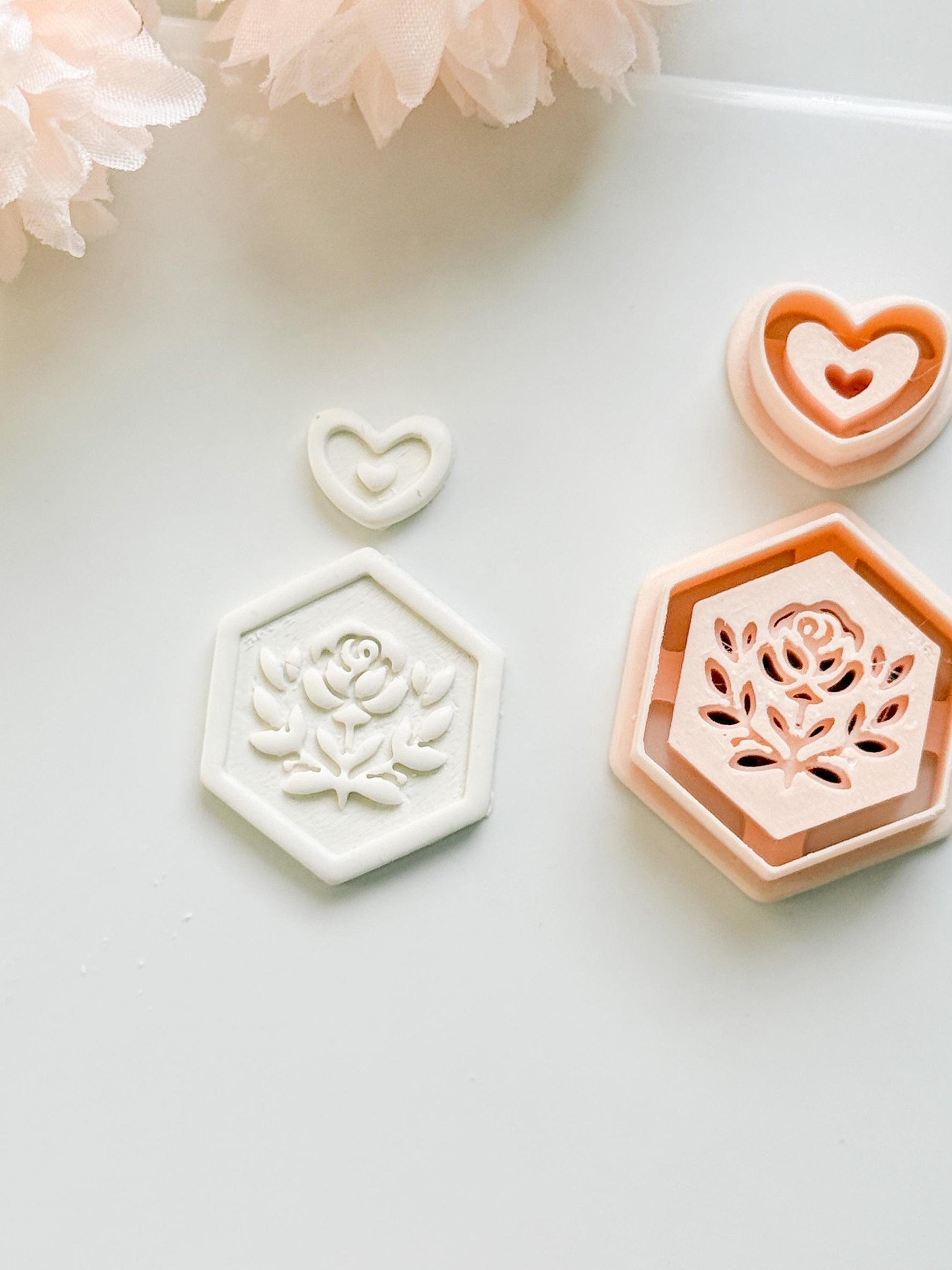 Rosa Hexa Clay Cutter Set: Hexagon Rose Embossed Design with Heart Accent