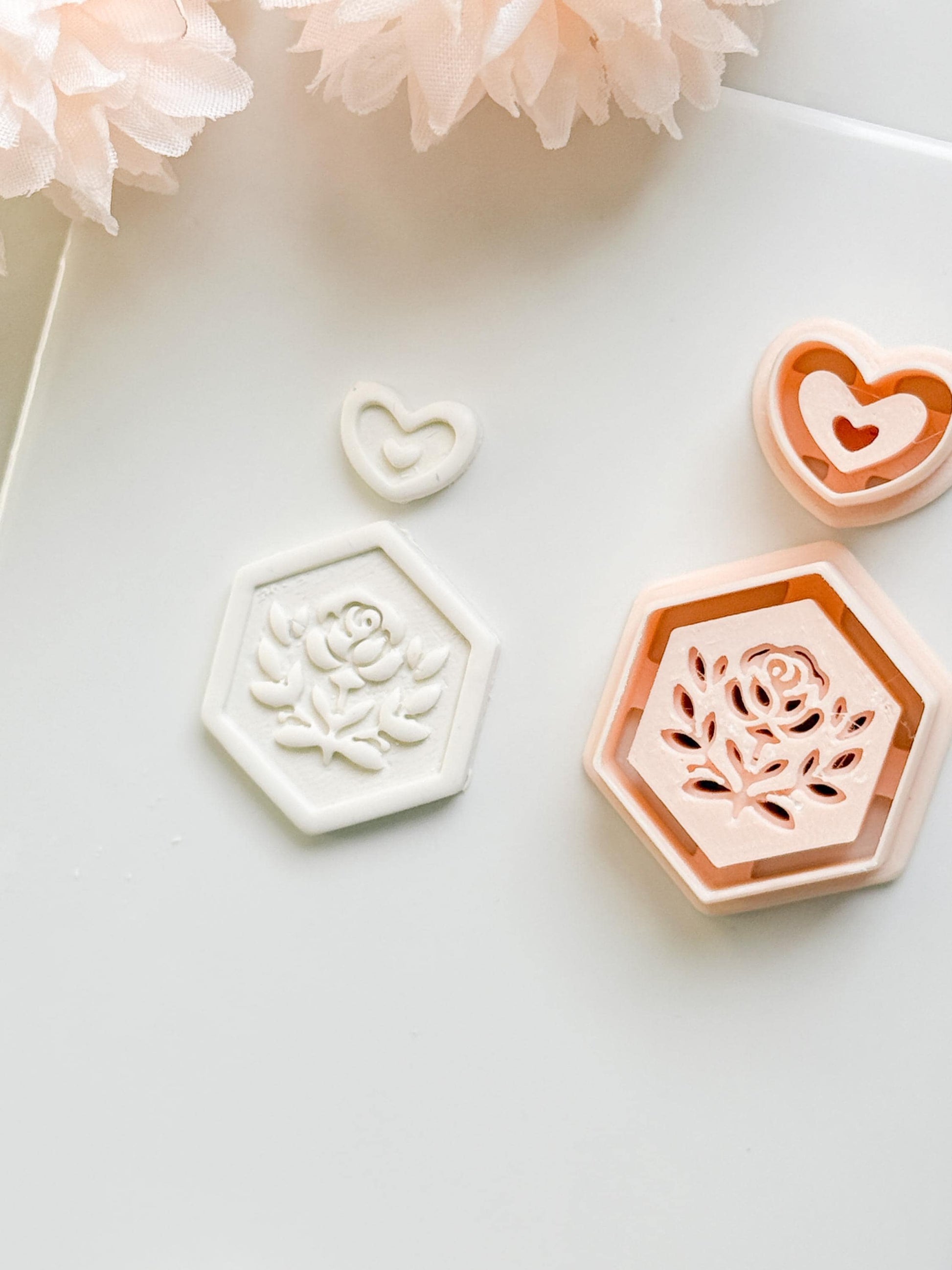 Rosa Hexa Clay Cutter Set: Hexagon Rose Embossed Design with Heart Accent