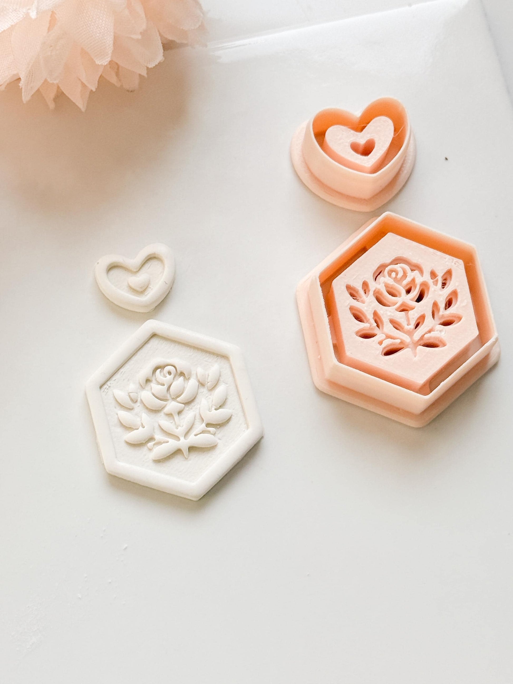 Rosa Hexa Clay Cutter Set: Hexagon Rose Embossed Design with Heart Accent