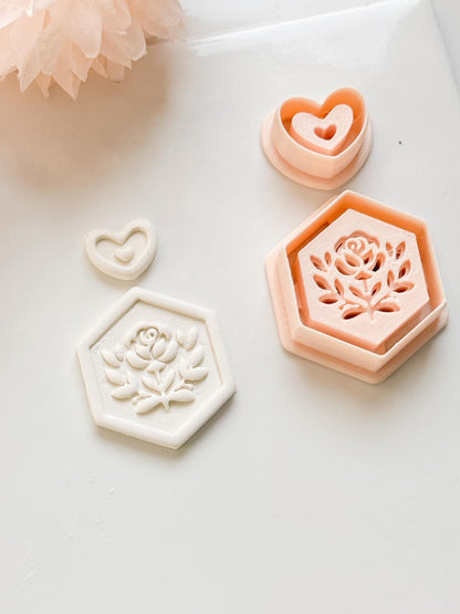 Rosa Hexa Clay Cutter Set: Hexagon Rose Embossed Design with Heart Accent