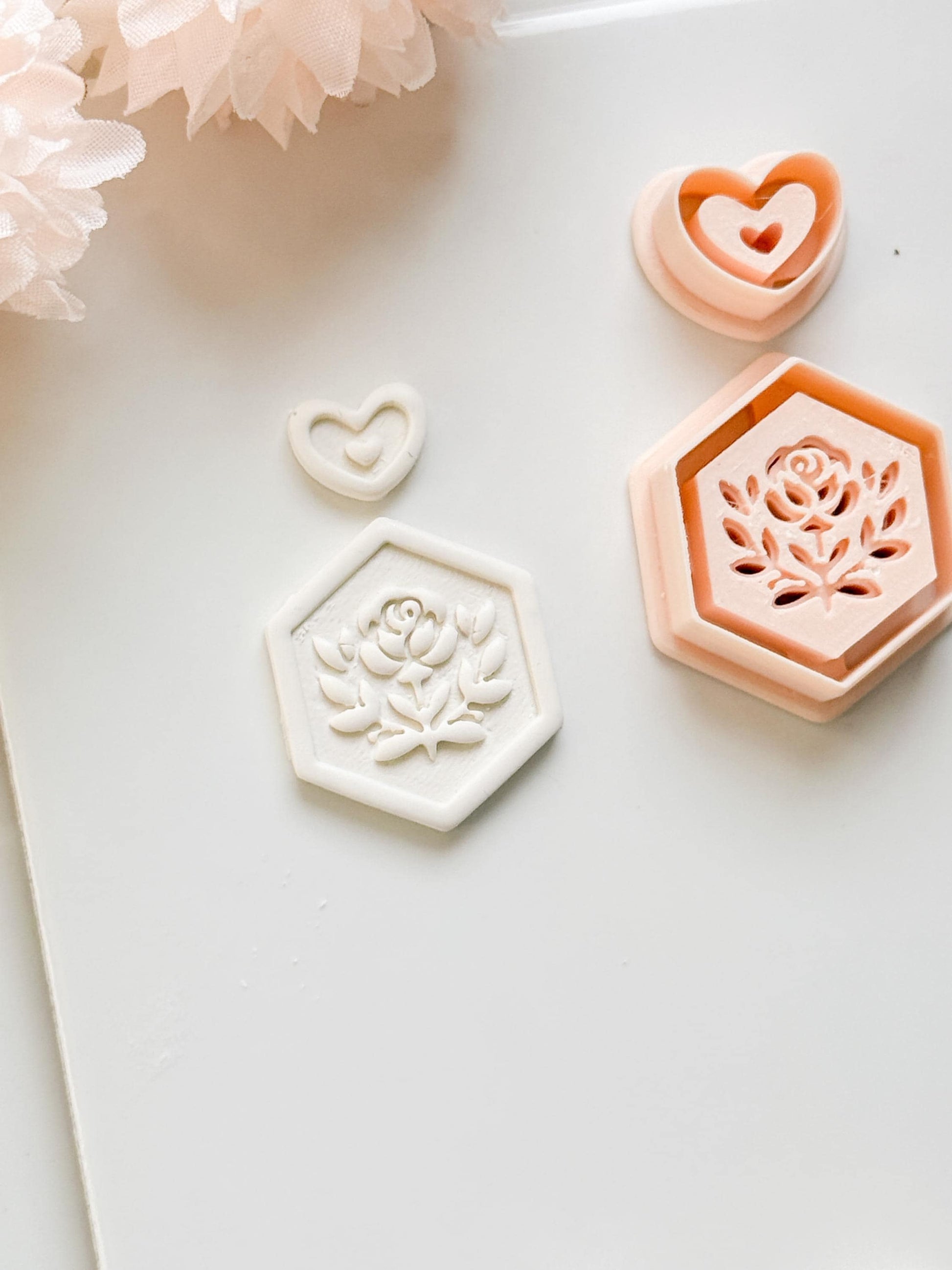 Rosa Hexa Clay Cutter Set: Hexagon Rose Embossed Design with Heart Accent