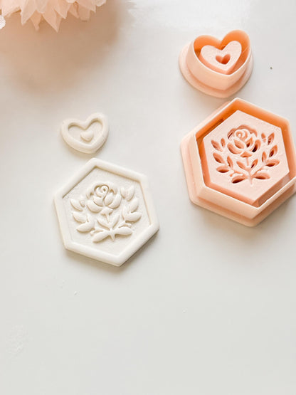 Rosa Hexa Clay Cutter Set: Hexagon Rose Embossed Design with Heart Accent
