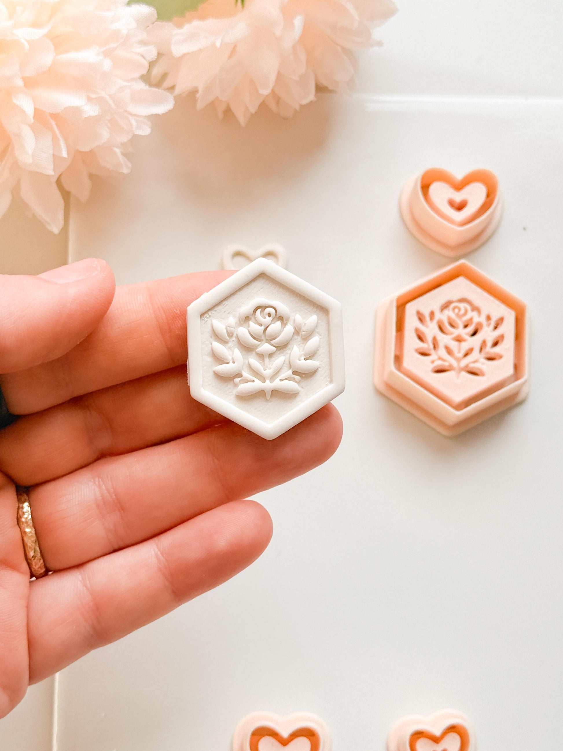 Rosa Hexa Clay Cutter Set: Hexagon Rose Embossed Design with Heart Accent