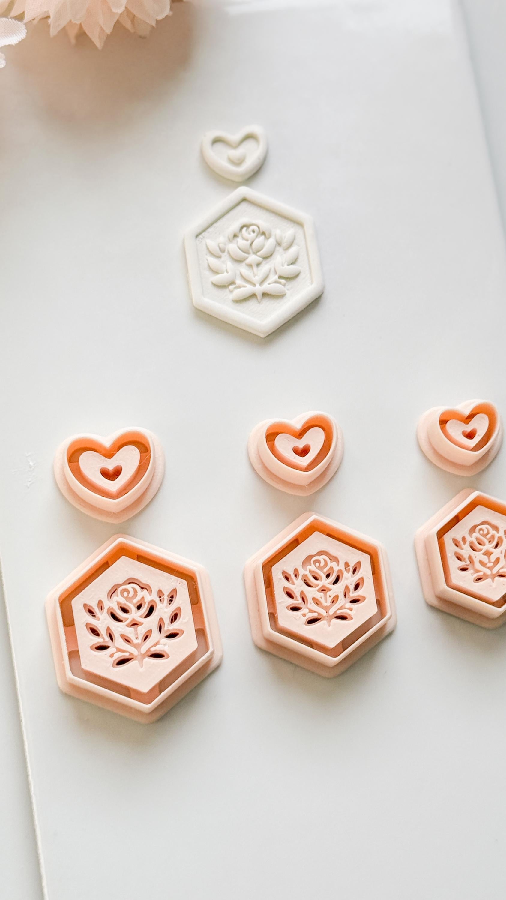 Rosa Hexa Clay Cutter Set: Hexagon Rose Embossed Design with Heart Accent