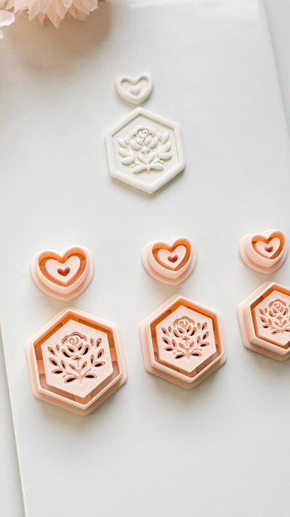 Rosa Hexa Clay Cutter Set: Hexagon Rose Embossed Design with Heart Accent