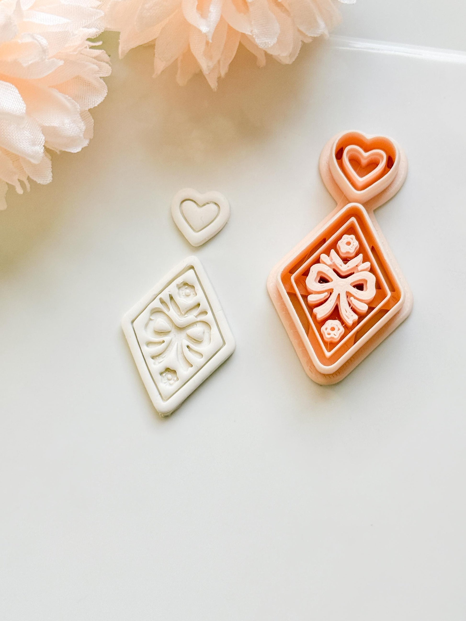 Ribbon Charm Clay Cutter Set: Diamond Bow Design with Heart Accent