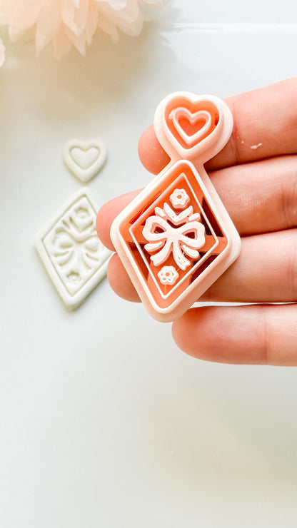 Ribbon Charm Clay Cutter Set: Diamond Bow Design with Heart Accent