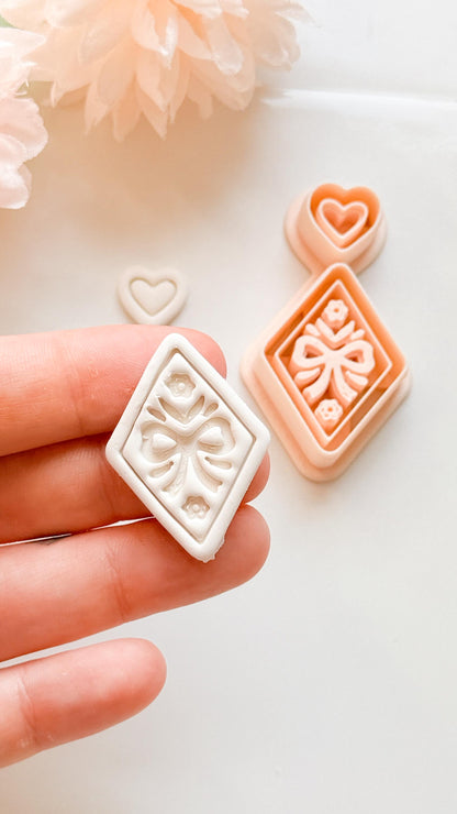 Ribbon Charm Clay Cutter Set: Diamond Bow Design with Heart Accent