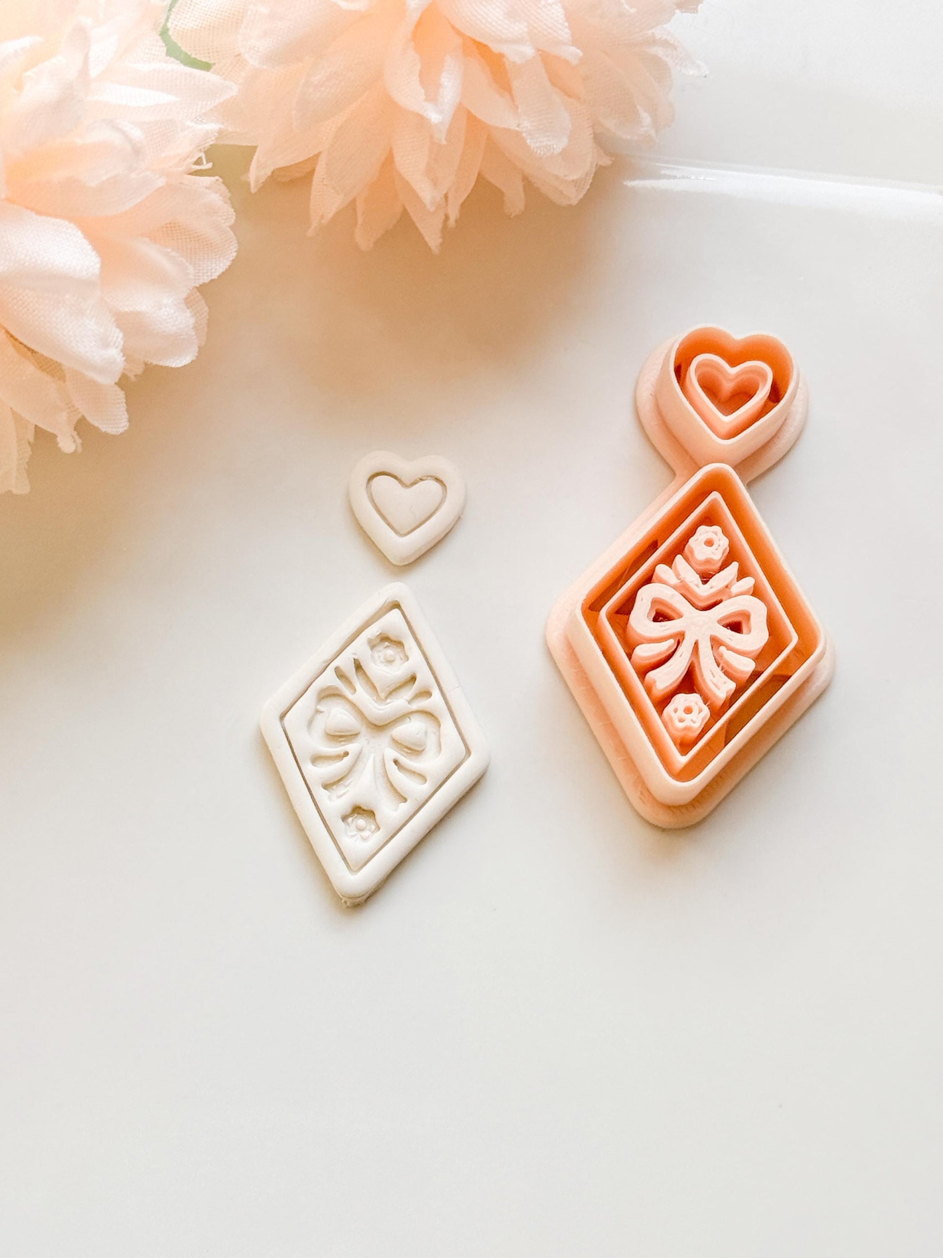 Ribbon Charm Clay Cutter Set: Diamond Bow Design with Heart Accent