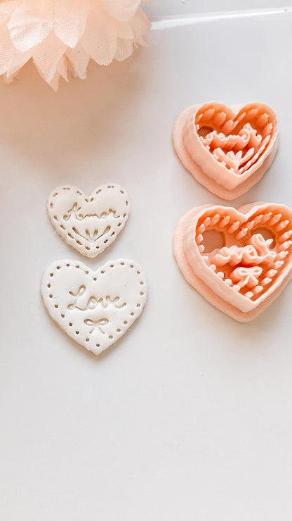 Amor & Love Script Dangle Clay Cutter Set: Heart Design with Lettered Embossing