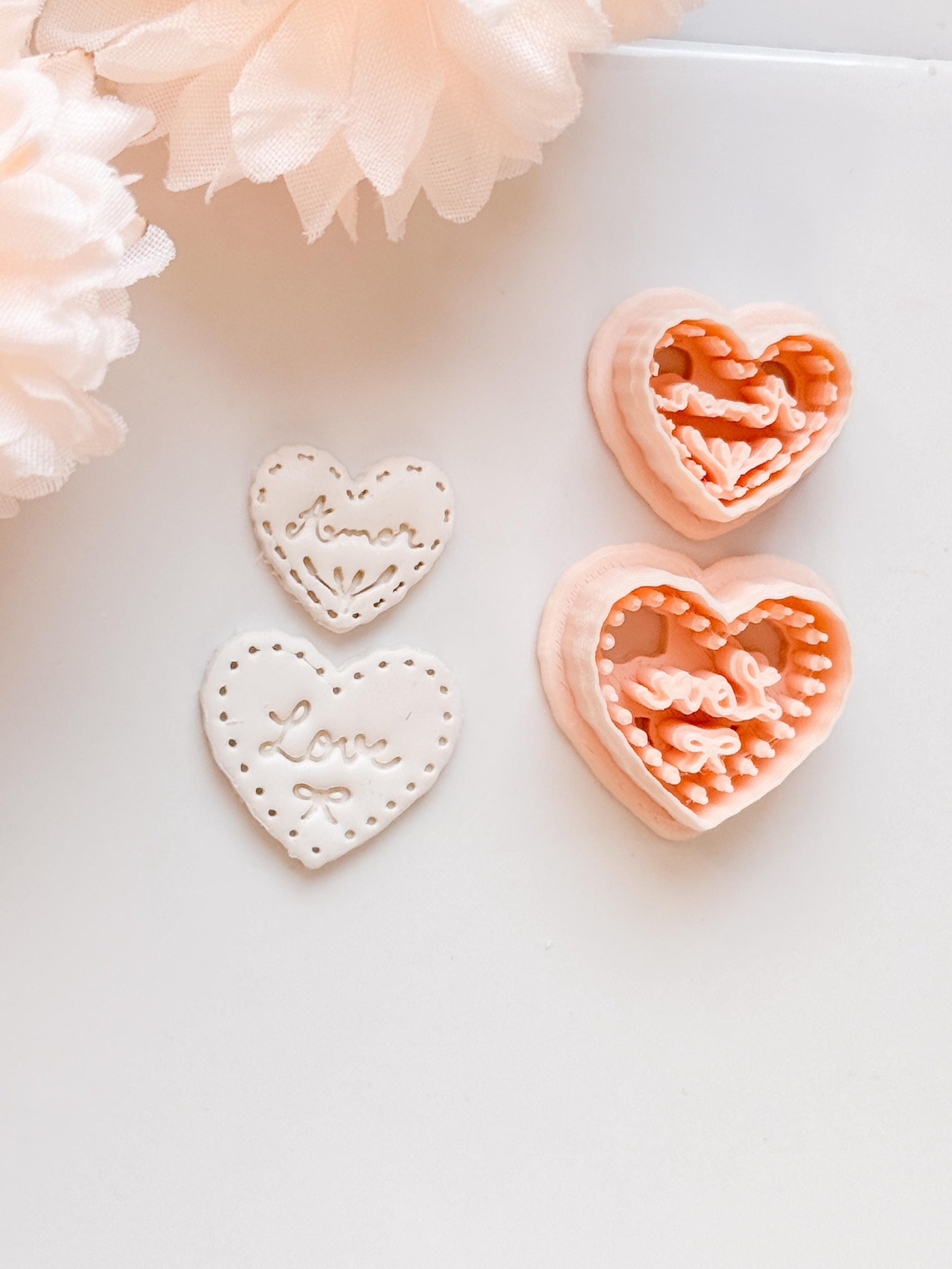 Amor & Love Script Dangle Clay Cutter Set: Heart Design with Lettered Embossing