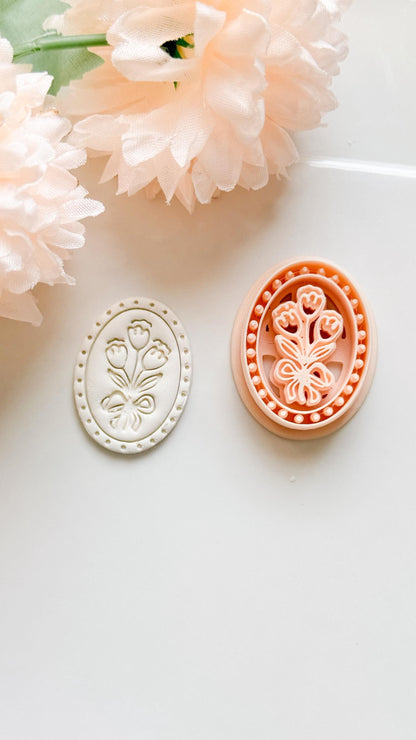 Tulip Cameo Clay Cutter Set: Oval Floral Design with Bow Embossing