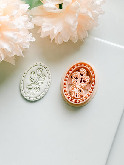 Tulip Cameo Clay Cutter Set: Oval Floral Design with Bow Embossing