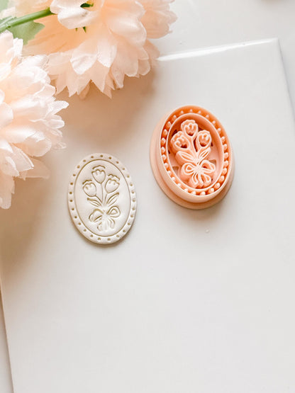 Tulip Cameo Clay Cutter Set: Oval Floral Design with Bow Embossing