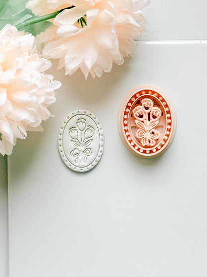 Tulip Cameo Clay Cutter Set: Oval Floral Design with Bow Embossing