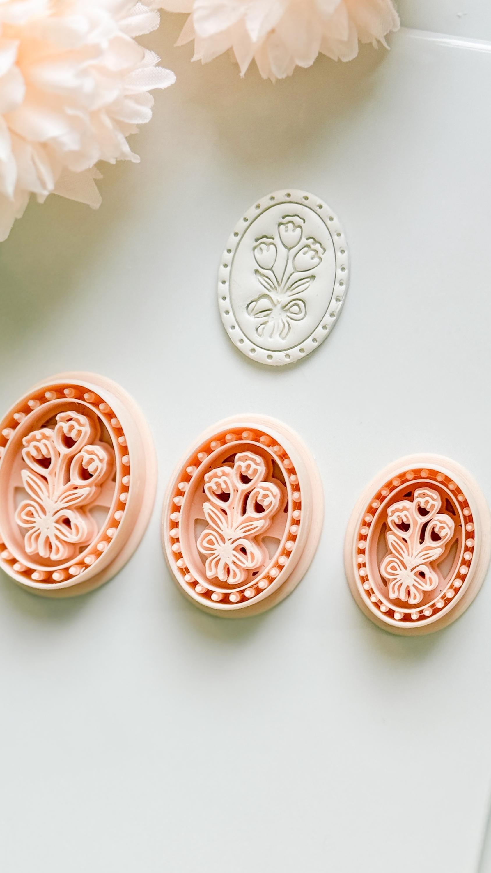 Tulip Cameo Clay Cutter Set: Oval Floral Design with Bow Embossing