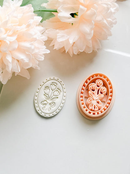 Tulip Cameo Clay Cutter Set: Oval Floral Design with Bow Embossing