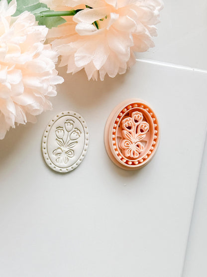 Tulip Cameo Clay Cutter Set: Oval Floral Design with Bow Embossing
