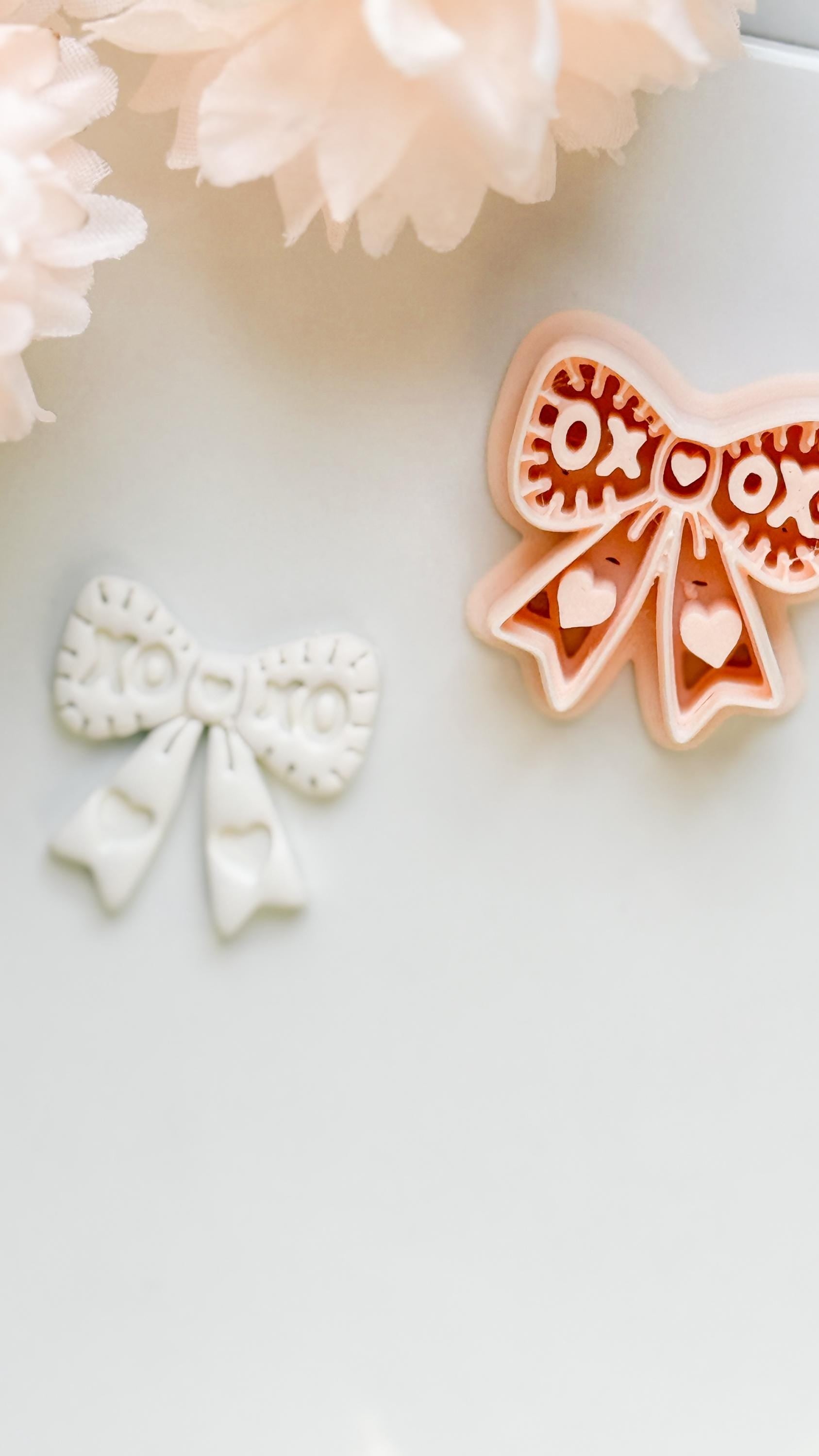 XOXO Bow Clay Cutter: Heart Ribbon Design with Script Embossing