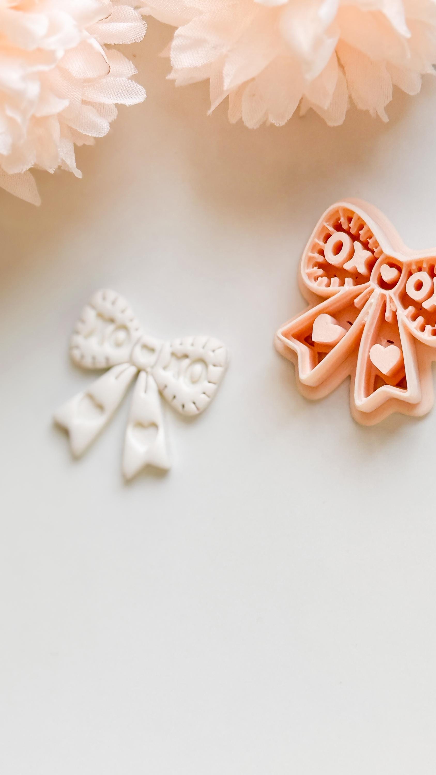 XOXO Bow Clay Cutter: Heart Ribbon Design with Script Embossing