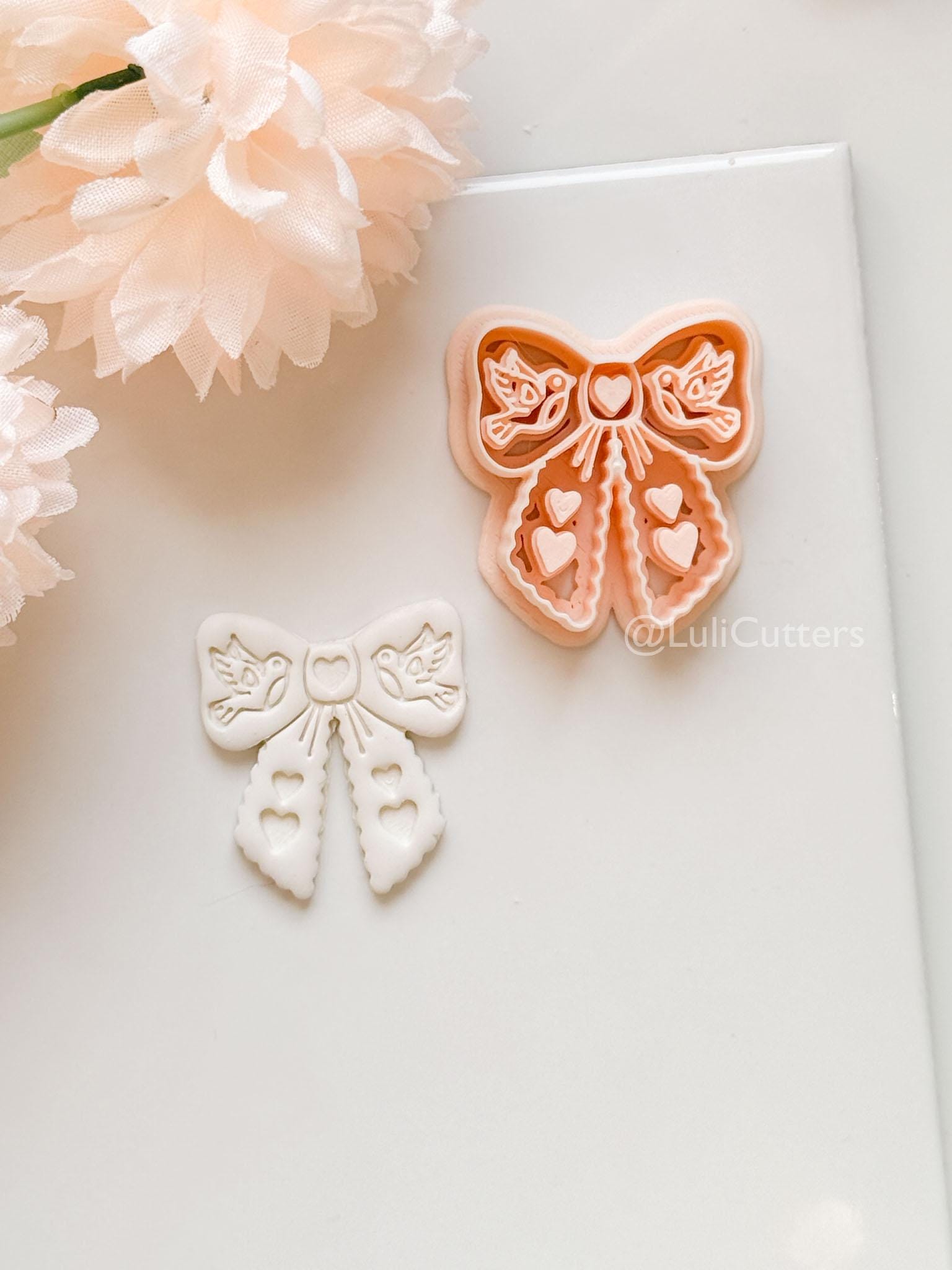Lovebirds on a Bow Clay Cutter Set: Ribbon Design with Birds & Heart Details
