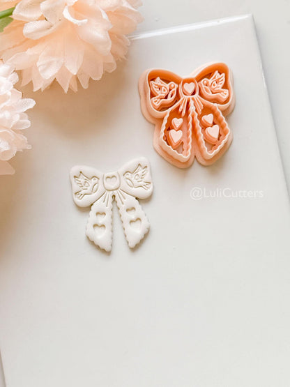 Lovebirds on a Bow Clay Cutter Set: Ribbon Design with Birds & Heart Details