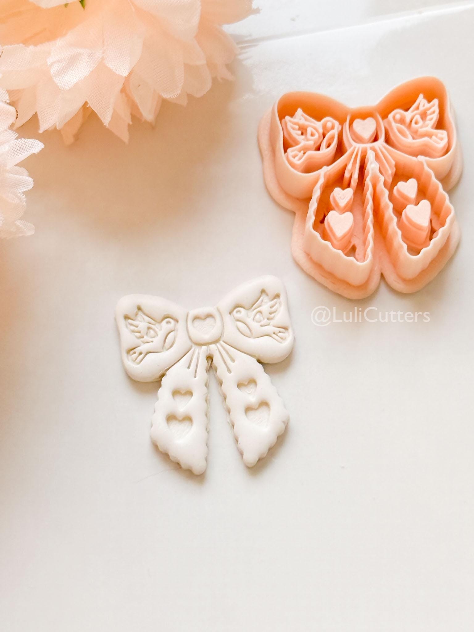 Lovebirds on a Bow Clay Cutter Set: Ribbon Design with Birds & Heart Details