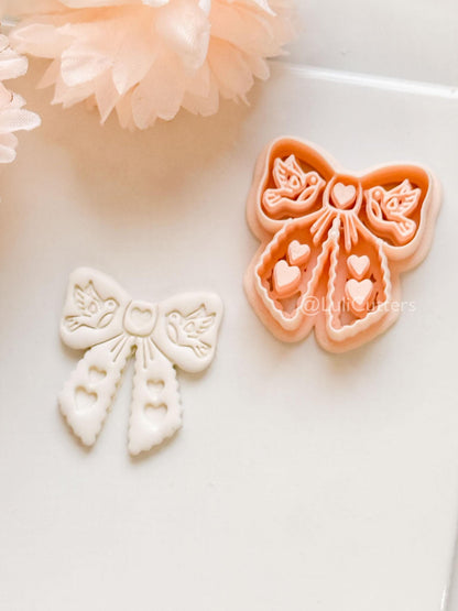 Lovebirds on a Bow Clay Cutter Set: Ribbon Design with Birds & Heart Details