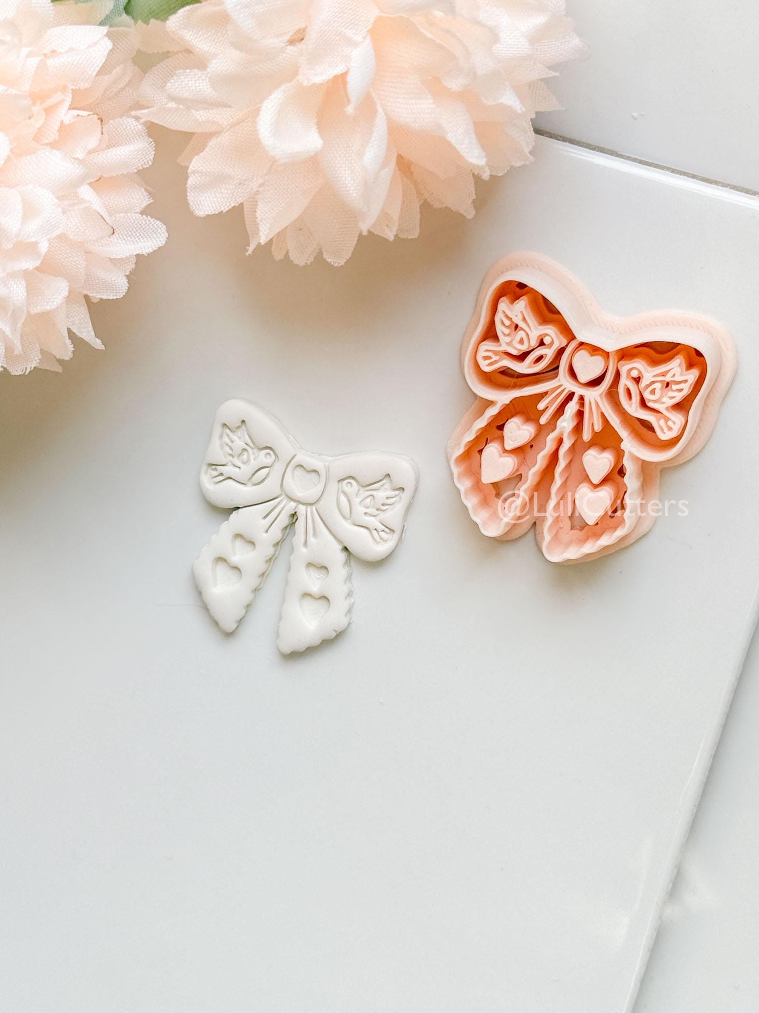 Lovebirds on a Bow Clay Cutter Set: Ribbon Design with Birds & Heart Details