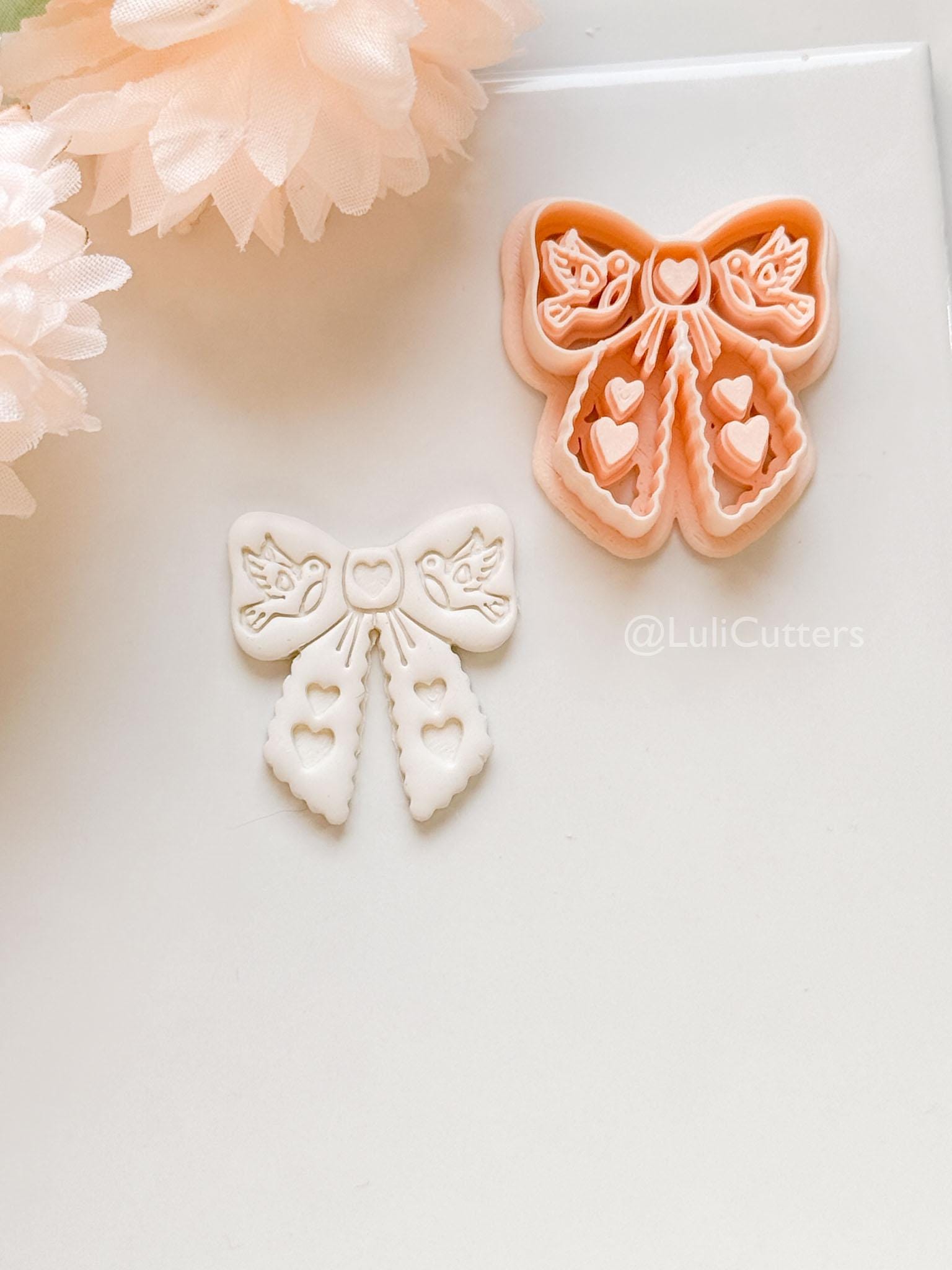 Lovebirds on a Bow Clay Cutter Set: Ribbon Design with Birds & Heart Details