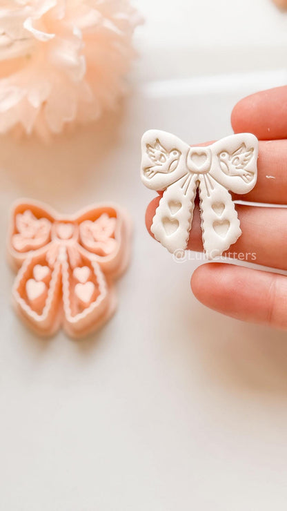 Lovebirds on a Bow Clay Cutter Set: Ribbon Design with Birds & Heart Details