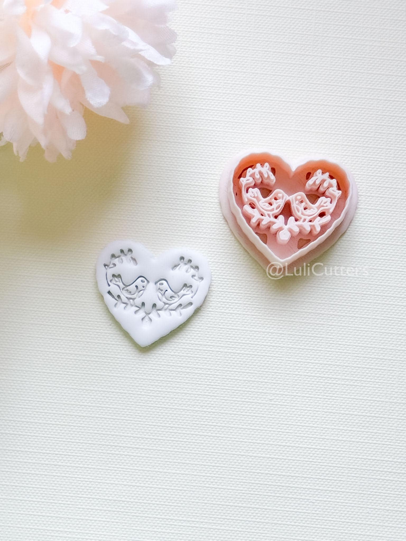 Love Birds Clay Cutter Set: Scalloped Heart with Floral Bird Embossed Design