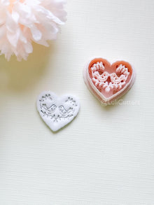Love Birds Clay Cutter Set: Scalloped Heart with Floral Bird Embossed Design