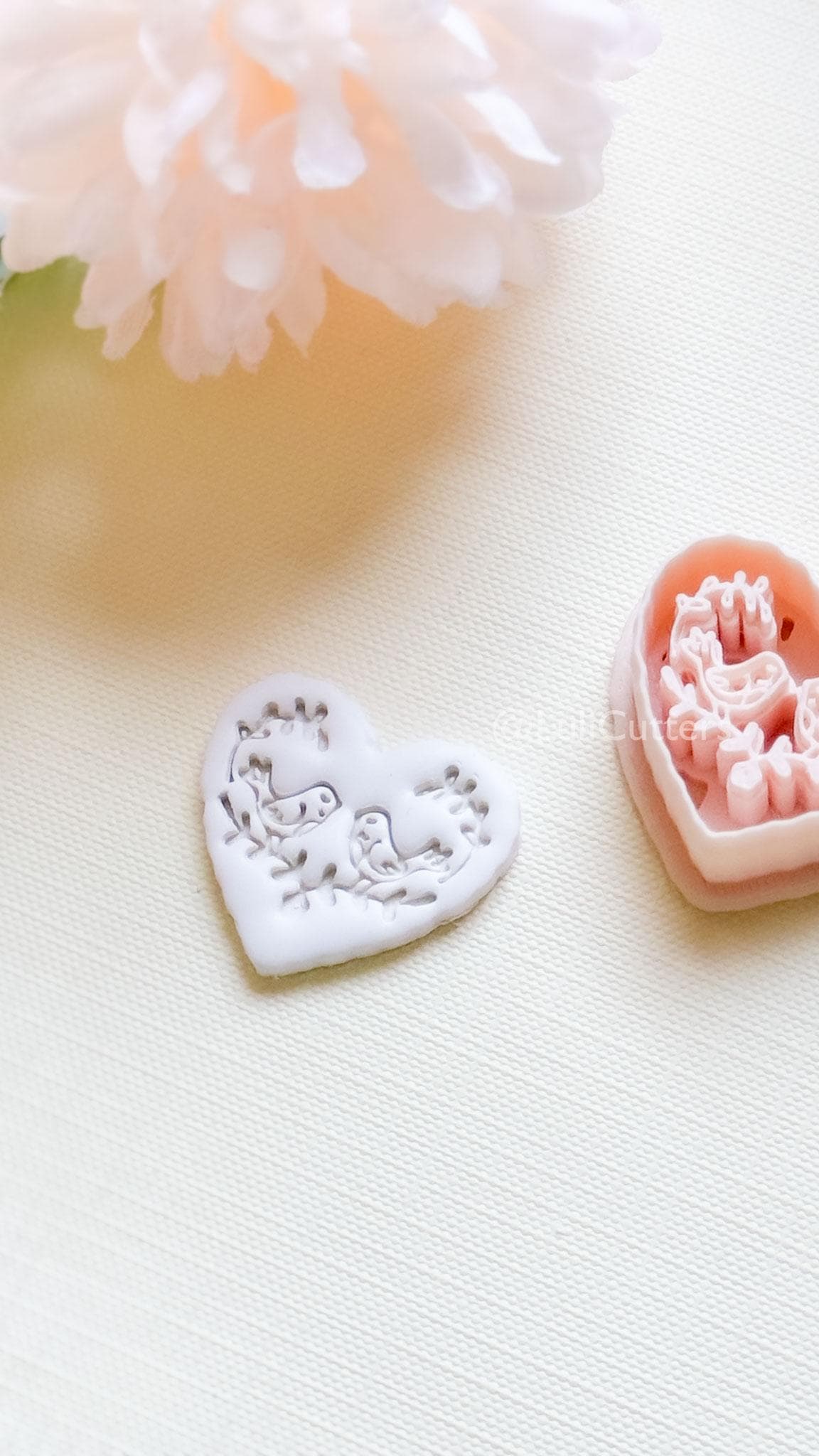 Love Birds Clay Cutter Set: Scalloped Heart with Floral Bird Embossed Design