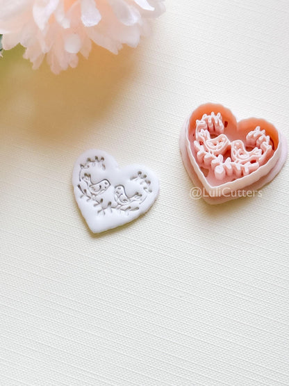 Love Birds Clay Cutter Set: Scalloped Heart with Floral Bird Embossed Design